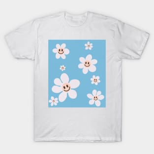 pattern flower emoji happy sky blue pink white T-Shirt